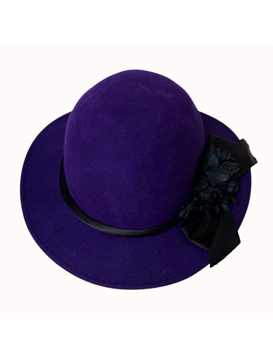 Vintage Purple Felt Wide Brim Hat Wool Head Hugger USA Black Ribbon Church main image 12